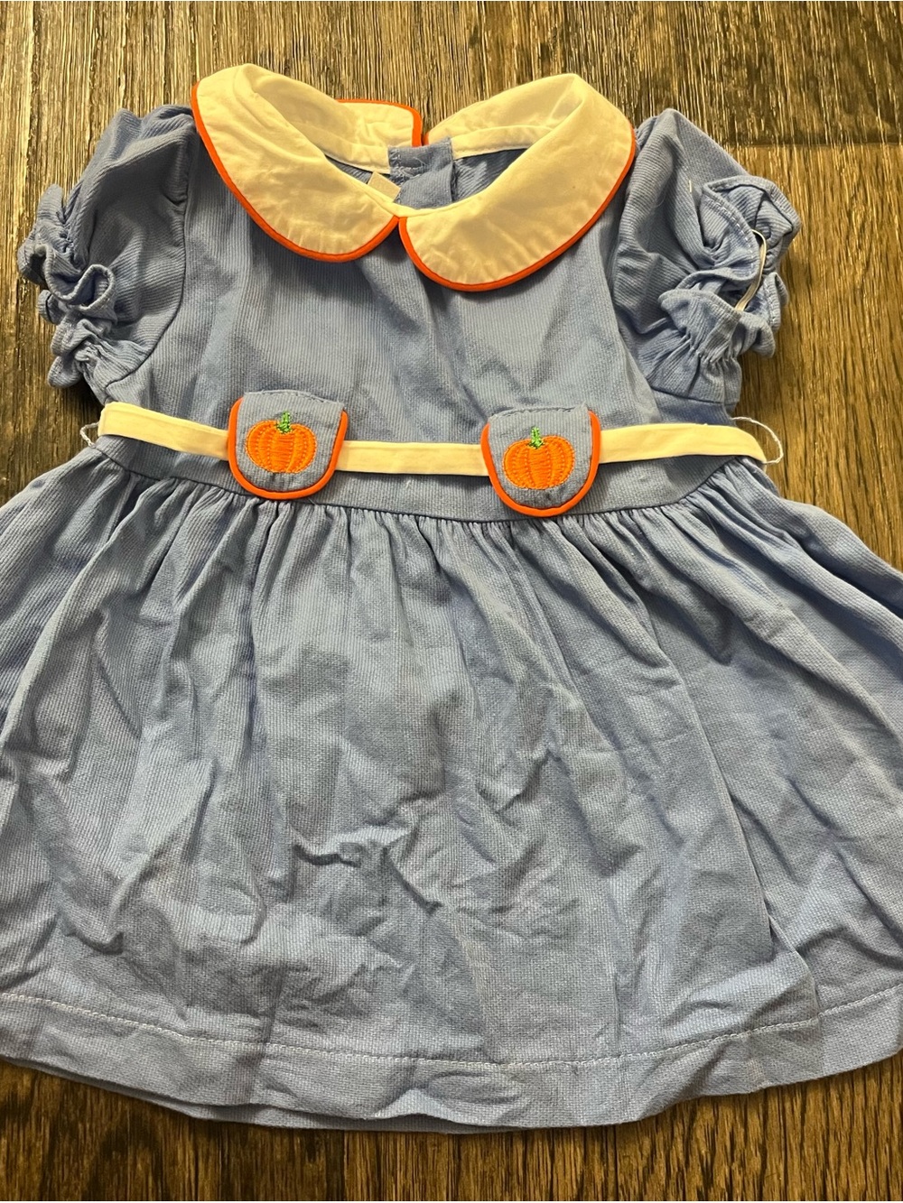 bella bliss Light Blue Dress with White Collar and Orange Pumpkin Details